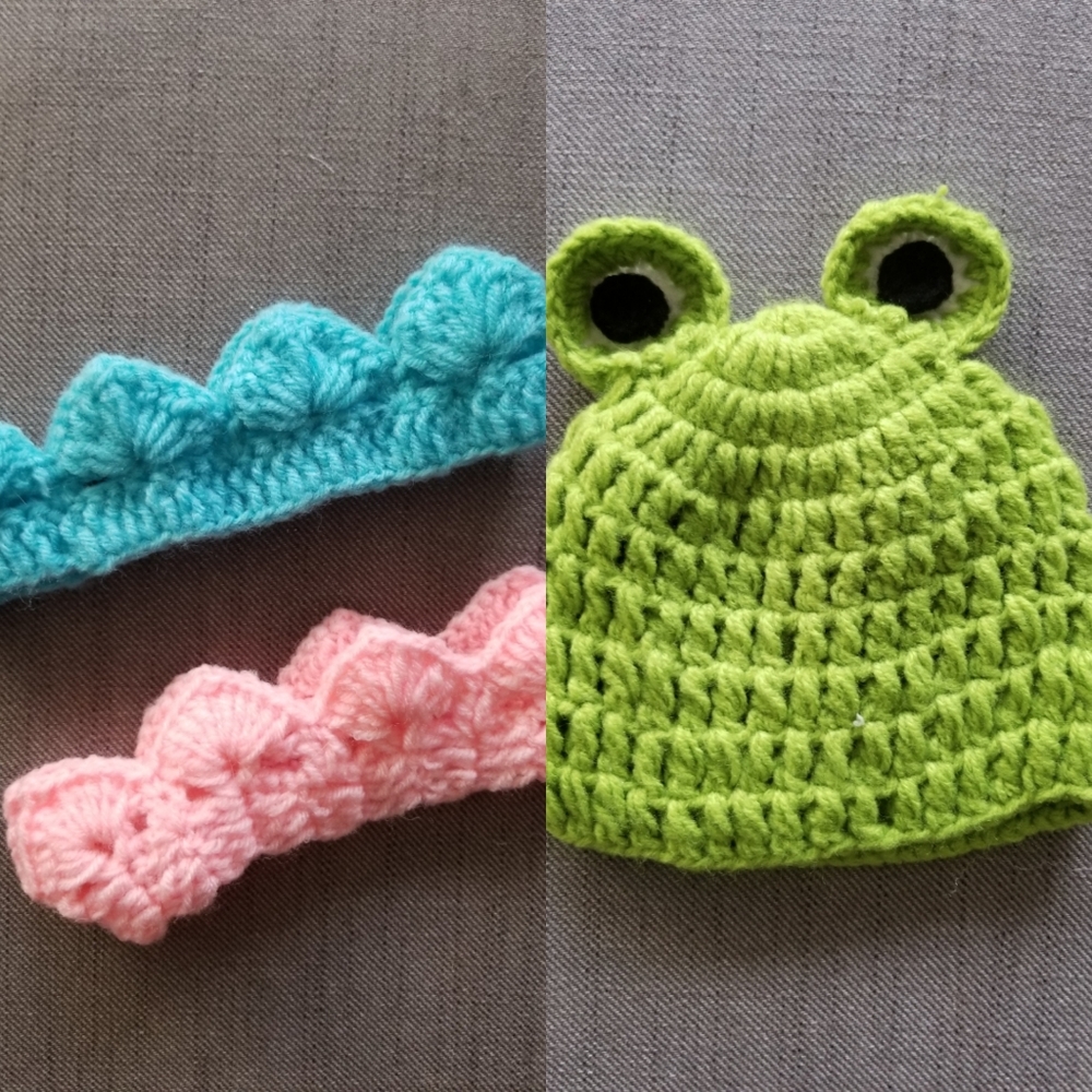 Crochet Headband Hat Toque Crown Pink Blue Frog